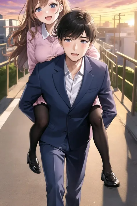 1boy, 1girl, carrying, piggyback, outdoors, formal outfit, office lady, :D, blush, sunset, dawn, alley, walking, <lora:piggyback_v1:0.8>
