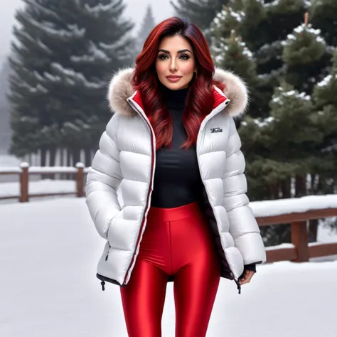 sexy slim skinny one pakistani 40 year old women ,unique, wearing red spandex_leggings and a winte puffer jacket , unique hair styles, 8k uhd, dslr, high quality, photorealistic, realism, hyperrealism,winter scene
<lora:spandex_leggings_v1:0.7>
