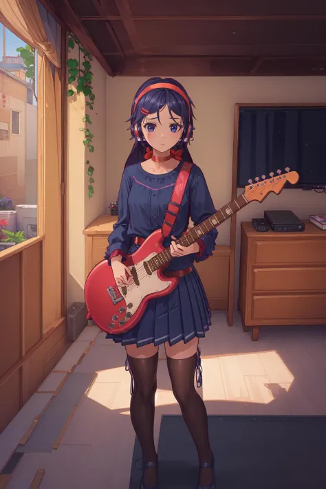 1girl, (girl:1.5), solo, black skirt, electric guitar, guitar, headphones, holding, holding plectrum, instrument, music, one side up, playing guiter, pleated skirt, black shirt, indoors ((caustic)), dynamic angle,beautiful detailed glow,full body, cowboy shot,
<lora:Mita_MiSide:0.7>, (intricate details:0.9), (hdr, hyperdetailed:1.2), (cinematic look:1.4), soothing tones, insane details, intricate details, hyperdetailed, low contrast, soft cinematic light, dim colors, exposure blend, hdr, faded, slate gray atmosphere