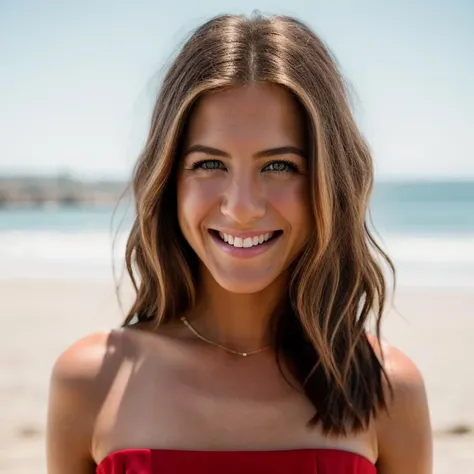 Realistic photo of a beautiful j3nn1f3r4-v2 woman,   1girl, solo, long hair, looking at viewer, smile, blue eyes, blonde hair, simple background, white background, dress, bare shoulders, jewelry, teeth, grin, bracelet, lips, red dress, ring, realistic, soft lighting, professional Photography, Photorealistic, detailed, RAW, analog, sharp focus, 8k, HD, DSLR, high quality, Fujifilm XT3, film grain, award winning, masterpiece<lora:j3nn1f3r4-v2:1.0>
