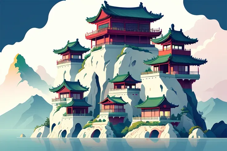 (Illustration:1.3) Chinese style buildings in the mountains <lora:flat illustration:1>,(by Artist Anna Dittman:1), (((masterpiece))), (((best quality))), ((ultra-detailed)),(detailed light),((an extremely delicate and beautiful)),