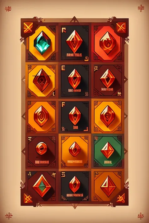 <lora:flatIllustration_flatIllustration:1>, gem full icon set; game interface set, icons with wooden ornament frame, game about alchemy, ultra detailed