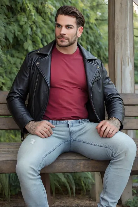 <lora:Papi_Kocic:0.9> man, leather jacket, red shirt, jeans, sitting on a park bench, vibrant colors, RAW photo, cinematic lighting