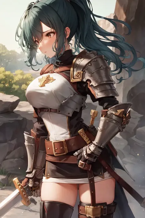 masterpiece, best quality, absurdres, perfect antomy, Herja, ponytail, boots, belt, sword, armor, gauntlets, sheath, breastplate, armored_boots, 1girl, solo, standing, cowboy shot, outdoors