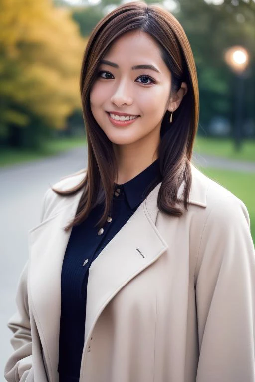 1girl,(wearing a collared blouse and long jacket:1.2),(RAW photo, best quality), (realistic, photo-realistic:1.4), masterpiece, an extremely delicate and beautiful, extremely detailed, 2k wallpaper, Amazing, finely detail, extremely detailed CG unity 8k wallpaper, ultra-detailed, highres, soft light, beautiful detailed girl, extremely detailed eyes and face, beautiful detailed nose, beautiful detailed eyes,cinematic lighting,autumn scenery at night,at a park,park light,maple trees in autumn,city lights at night,perfect anatomy,slender body,smiling  <lora:tamuramako_lora:0.8>