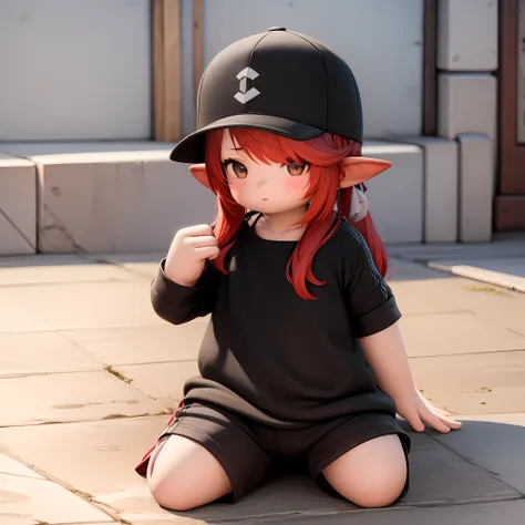 ((masterpiece, best quality)),(complex light), 1girl, ,solo,solo focus, full body, <lora:Lalafell1-10:0.8>, lalafell, pointy ears,red hair, long hair, shirt ,simple background, baseball cap,