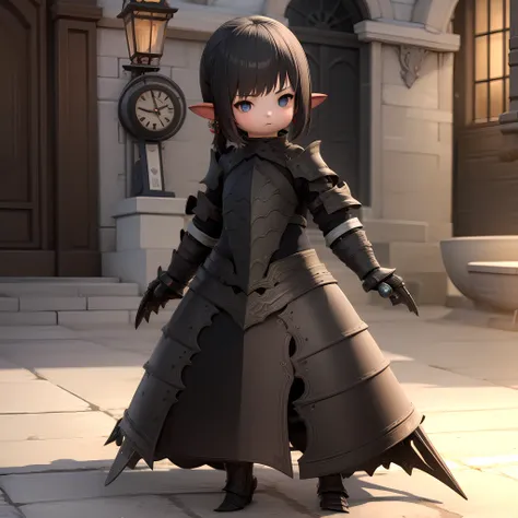 ((masterpiece, best quality)),(complex light), 1girl, ,solo,solo focus, full body, <lora:Lalafell1-10:0.8>, armored dress, lalafell, pointy ears,black hair,