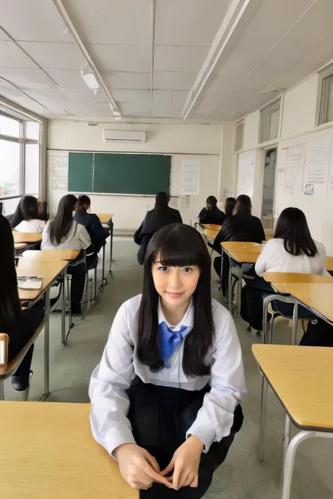 black hair, book, chair, classroom, desk, eraser, holding book, lips, long hair, multiple girls, open book, paper, pen, pencil, reading, realistic, school desk, school uniform, sheet music, sitting
