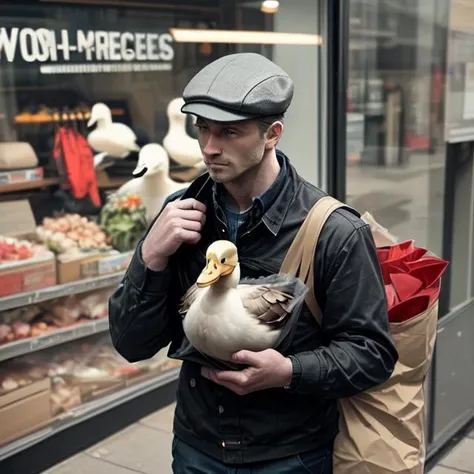 duck, flat cap, in a bag, <lora:flatcap3:0.7>, amazing, wow,