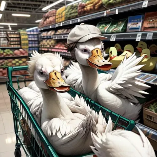 multi-headed (duck:1.3), hydra, mythological beast, humans reacting in shock to the sight of a hat wearing duck in the grocery store, <lora:flatcap3:0.7>, flat cap, (spikes:1.2), red, <lora:orkz:0.6>, grocery store,