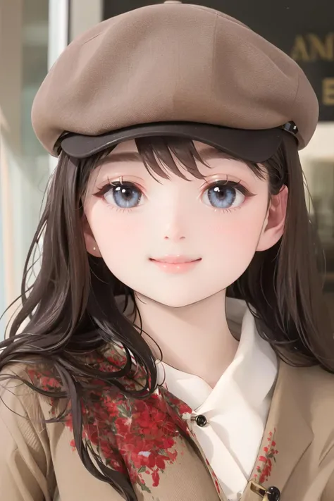 <lora:flatcap-10:0.6>, close-up, smile, lips, flat cap, looking at viewer