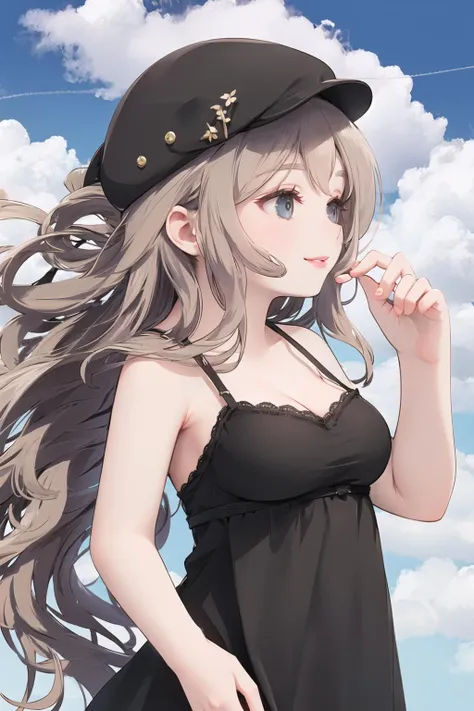 <lora:flatcap-10:0.6>, flat cap, gigantic breasts, black headwear, looking away, from side, clouds, sky, portrait, lips, smile, spaghetti strap, dress, bare shoulders, wind