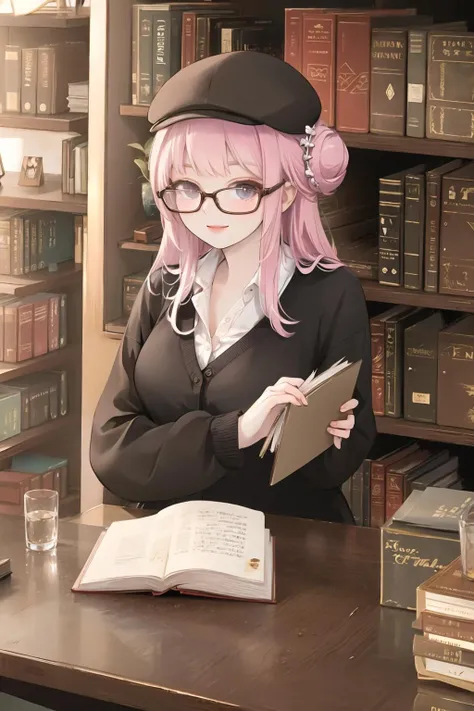 <lora:flatcap-10:0.6>, flat cap, large breasts, <lora:fashigirl-v6-nai-5ep-resize:0.6>, indoors, glasses, sitting, desk, chair, library, book, smile, looking at viewer, single hair bun
