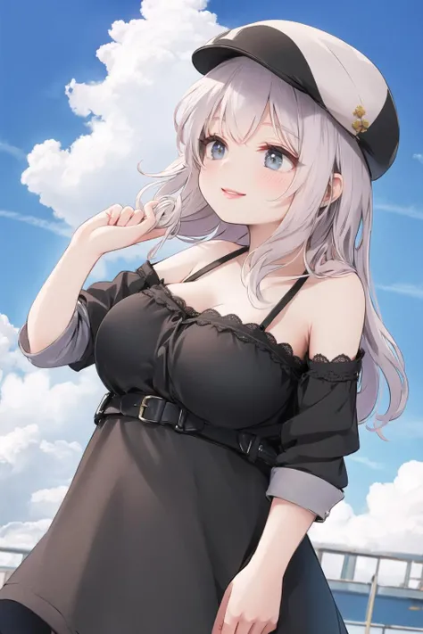 ((masutepiece)), ((Best Quality)), ((hight resolution)), ((the Extremely Detailed CG Unity 8K Wallpapers)), Solo, Tachibana plays, Tan School Uniform, Black skirt, White socks, Outdoors, Face, curtained hair, Beach, parted hair, Silver hair,huge-breasted
