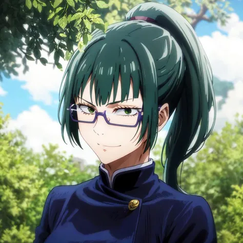 <lora:zenin_maki_v1.0:1>, ponytail, green hair, 1girl, uniform,