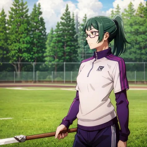 <lora:zenin_maki_v1.0:1>, ponytail, green hair, 1girl, sportswear, (standing:1.2), polearm,