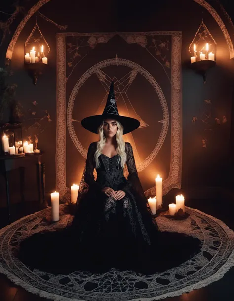 photography, beautiful Dua Lipa woman, sitting in a magical diagram, pentagram, (whimsical:1.15), witches hat, detailed skin, wearing highly detailed (ornate intricate lace witch dress), extremely detailed atmosphere, fuji film, 8k (very dark low lighting:1.2) full body, soft candlelit room <lora:MadiFrances-XL:0.8>