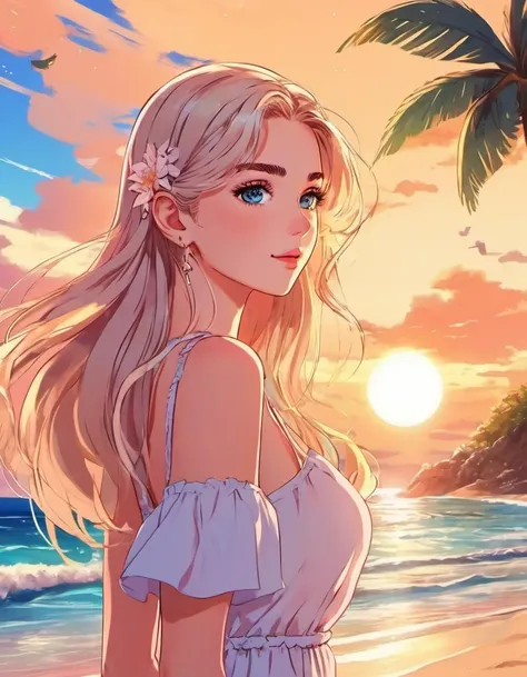 anime artwork anime artwork , beautiful Dua Lipa woman wearing sundress on a beach, beautiful detailed, natural light, high quality, anime style, key visual, vibrant, studio anime, highly detailed <lora:MadiFrances-XL:0.8>