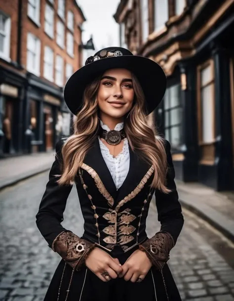 cinematic portrait photo of Victorian woman, steampunk style, Dua Lipa, full body, in street, extremely detailed atmosphere, smiling, <lora:MadiFrances-XL:0.8>