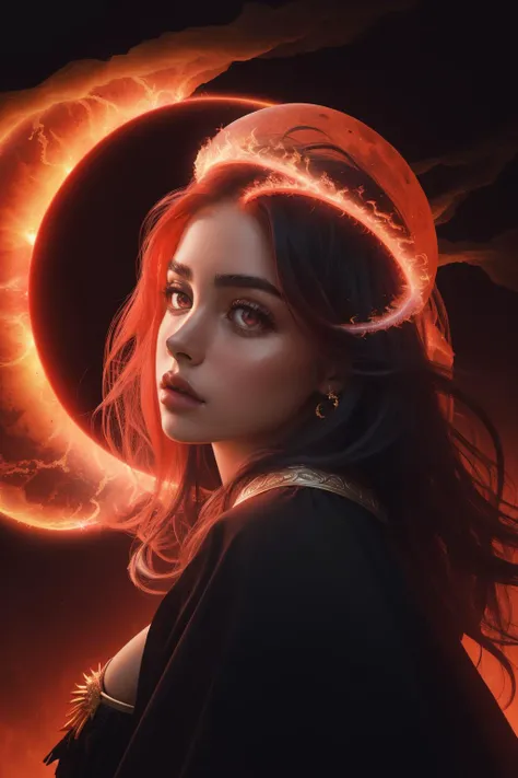 photo of Dua Lipa, (highly detailed face and eyes:1.3), (explosion of supernova flames, fire corona, halo of flames:1.5), arrogant expression, (red_eyes:1.3), intricate layered gothic black gown, (best quality, masterpiece, RAW photo, 8k:1.2), (natural lighting, fire light, dark shadows, crimson light:1.2), (black and red night sky, mist and fog, haunted castle scenery:1.1), (large red blood moon background:1.1), solo, 1girl, fantasy style, concept art, sharp focus, soft contour, professional photography, fine-art photography, rule of thirds, macro photography, HDR, <lora:MadiFrancesca:0.75>