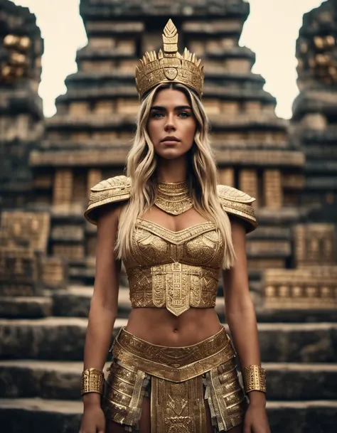 cinematic film still, Dua Lipa standing in front of a Mayan temple, intricate golden crown, queen, Amazonian, golden armor, (full body), shallow depth of field, vignette, highly detailed, high budget Hollywood movie, bokeh, cinemascope, moody, epic, gorgeous, film grain, grainy <lora:MadiFrances-XL:0.8>