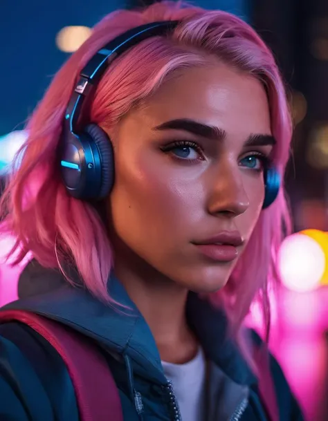 cinematic photo cyberpunk style Dua Lipa with pink hair in blue jacket, cyberpunk city night, with headset around neck, upper body, blush, sharp focus, HDR, depth of field, makeup, Light complexion, professional photography, 4k, highly detailed, 35mm photograph, 4k, highly detailed <lora:MadiFrances-XL:0.8>
