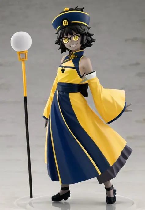 ((best quality)), ((highly detailed)), masterpiece, detailed face, beautiful face, (detailed eyes, deep eyes), (1girl), (glasses), full body, ((jiangshi)), ((undead)), colored skin, (dark grey_skin:1.33), ((glowing yellow eyes)), (china_dress), cleavage cutout, side_slit, rough short hair, detached sleeves, ((ofuda)), ((qing_guanmao)), <lora:Better Sharp Teeth 3:.9>, (((sharp teeth))), ((wide grin)), dark, shrine, torii, paper lanterns, night time, <lora:popupparade:1>