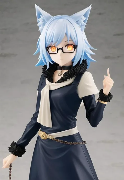 ((best quality)), ((highly detailed)), masterpiece, extremely detailed face, beautiful face, (detailed eyes, deep eyes), (1girl), (glasses), cowboy shot, <lora:aiomonstergirls_loraLocon:.3>, (hellhound), colored skin, smoky grey colored skin:1.33, wolf ears, black fur, white hair, flame eyes, orange eyes, ((glowing eyes)), dog collar, chain leash, chains, shackles, monster girl, <lora:popupparade:1>