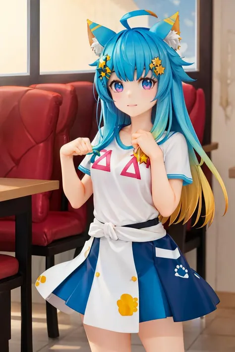 (masterpiece, best quality, beautiful detailed eyes, intricate details), 4k
1girl, solo, standing, indoors, restaurant,
<lora:mentertainment_lanmewko:1> lanmewko, paw sidelock, single sidelock, ahoge, star hair ornament
white shirt, short sleeves, blue skirt
<lora:popupparade:1>