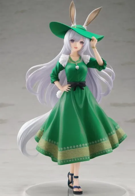 ((best quality)), ((highly detailed)), masterpiece, (detailed eyes, deep eyes), (1girl), full body, <lora:hairdetailer:.9>, ((rabbit girl)), (viera), white hair, animal_ears, (kemonomimi), :D, very long hair, large breasts, wide hips, sun hat, adjusting headwear, (spring green dress), long dress, long sleeves, necklace, bracelet, sandals, in spring, ((Easter eggs)), <lora:popupparade:1>