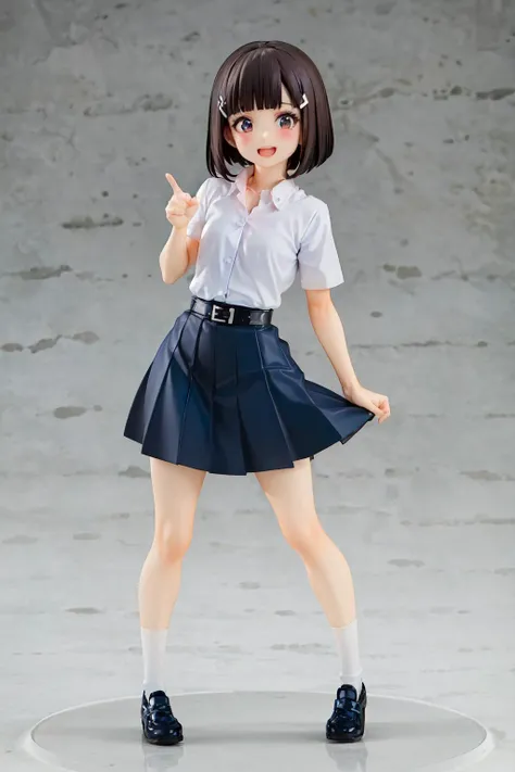 /PictureQuality/ best quality, masterpiece,
/Model/ 1girl , (black short bob hair:1.3), hairclip, blush, :D,
/Pose/ standing, dynamic pose, pointing finger to viewer, hand on waist,
/Location/
/Lighting/ thick outline,
/Lens/
/CameraAngle/ full body,
/Cloth/
/Lora1/ (white short-sleeves shirt:1.3), (navy blue plated skirt:1.3) , belt, (stu_mplai), socks, shoes, <lora:stu_mplai_v3:0.6>
<lora:popupparade-10:0.95>