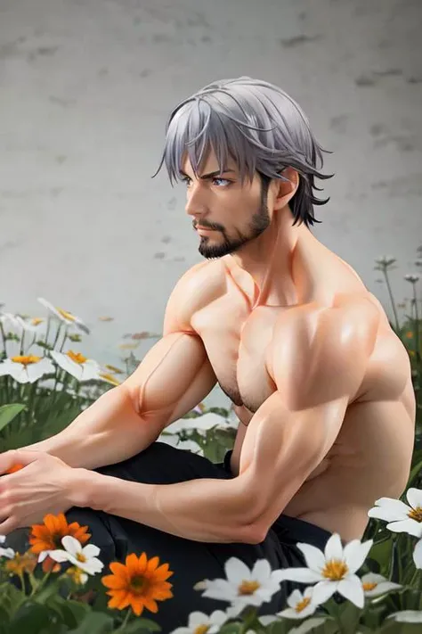realistic, (best quality, masterpiece:1.3),
expressionless,1man,solo,male,muscular,mature male, silver short hair, gery facial hair,sitting,water,flower field,nature light and shadow,depth of field,
<lora:popupparade:0.95>