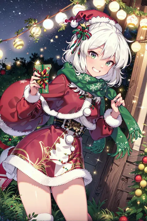 outdoor, park, christmas ornaments, night,
standing, grin, gift, holding sack,
ange, hair ornament, high ponytail, medium breasts, mini hat, santa hat, santa costume, bow, green scarf
<lora:gomaotsu-angelica-t1-000080:0.7>