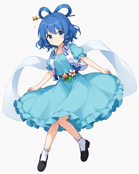 kaku seiga,1girl, solo, hair_stick, hair_rings, white_background, simple_background, full_body, smile, blue_dress, looking_at_viewer, flower, white_vest, hagoromo, black_footwear, puffy_short_sleeves, closed_mouth, shoes, white_socks, open_vest, ofuda
<lora:kaku_seiga_image5477_2023-12-20-000009:1>,star-shaped_pupils,symbol-shaped_pupils,. gorgeous,key visual, vibrant, studio anime,award-winning, professional, highly detailed,high budget, cinemascope