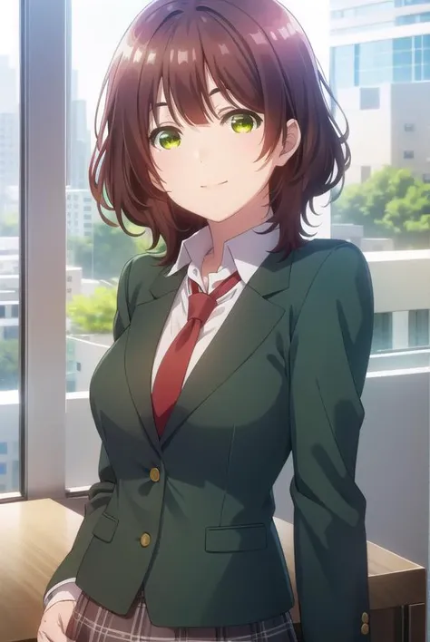 aoihinami, <lora:aoi hinami s1-lora-nochekaiser:1>,
aoi hinami, short hair, bangs, brown hair, (green eyes:1.5), smile,
BREAK skirt, shirt, long sleeves, school uniform, jacket, white shirt, pleated skirt, necktie, collared shirt, plaid, plaid skirt, blazer, red necktie,
BREAK indoors, classroom,
BREAK looking at viewer,
BREAK <lyco:GoodHands-beta2:1>, (masterpiece:1.2), best quality, high resolution, unity 8k wallpaper, (illustration:0.8), (beautiful detailed eyes:1.6), extremely detailed face, perfect lighting, extremely detailed CG, (perfect hands, perfect anatomy),