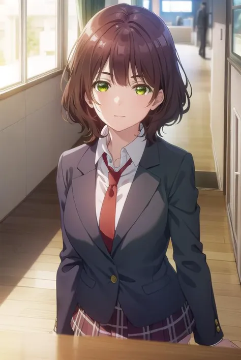 aoihinami, <lora:aoi hinami s1-lora-nochekaiser:1>,
aoi hinami, short hair, bangs, brown hair, (green eyes:1.5), smile,
BREAK skirt, shirt, long sleeves, school uniform, jacket, white shirt, pleated skirt, necktie, collared shirt, plaid, plaid skirt, blazer, red necktie,
BREAK indoors, classroom,
BREAK looking at viewer,
BREAK <lyco:GoodHands-beta2:1>, (masterpiece:1.2), best quality, high resolution, unity 8k wallpaper, (illustration:0.8), (beautiful detailed eyes:1.6), extremely detailed face, perfect lighting, extremely detailed CG, (perfect hands, perfect anatomy),
