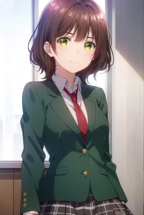 aoihinami, <lora:aoi hinami s1-lora-nochekaiser:1>,
aoi hinami, short hair, bangs, brown hair, (green eyes:1.5), smile,
BREAK skirt, shirt, long sleeves, school uniform, jacket, white shirt, pleated skirt, necktie, collared shirt, plaid, plaid skirt, blazer, red necktie,
BREAK indoors, classroom,
BREAK looking at viewer,
BREAK <lyco:GoodHands-beta2:1>, (masterpiece:1.2), best quality, high resolution, unity 8k wallpaper, (illustration:0.8), (beautiful detailed eyes:1.6), extremely detailed face, perfect lighting, extremely detailed CG, (perfect hands, perfect anatomy),