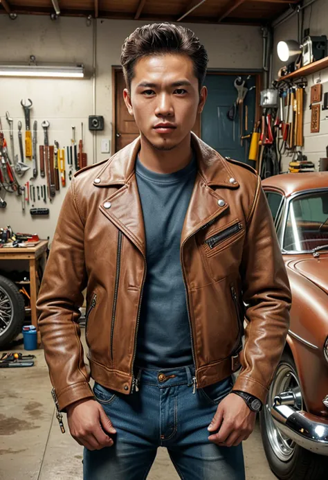 (full shot) of (confident greaser) adult man, korean, tan skin, light brown eyes, tiny build, ducktail, wearing a brown leather jacket, cuffed jeans, converse sneakers, leather jacket,  set in the 1950s, in  a tidy garage, with organized tools, classic car in repair, retro decor, and a sense of craftsmanship, at night,  ,Masterpiece,best quality, photo, realistic, very aesthetic, detailed face,