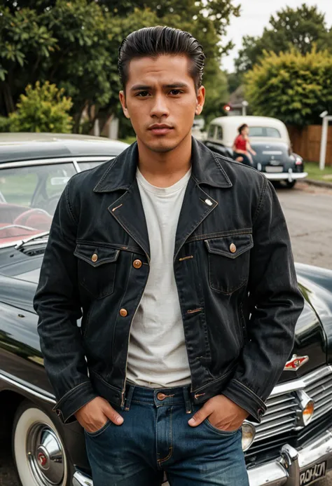 (full shot) of (charismatic greaser) adult man, philippine, tan skin, hazel eyes, lithe build, slicked back hair, wearing a black denim jacket, cuffed jeans, brogues, cigarette pack rolled in sleeve,  set in the 1950s, in  a serene drive-in, with a few vintage cars, romantic atmosphere, soft lighting, and a classic film playing,  ,Masterpiece,best quality, photo, realistic, very aesthetic, detailed face,