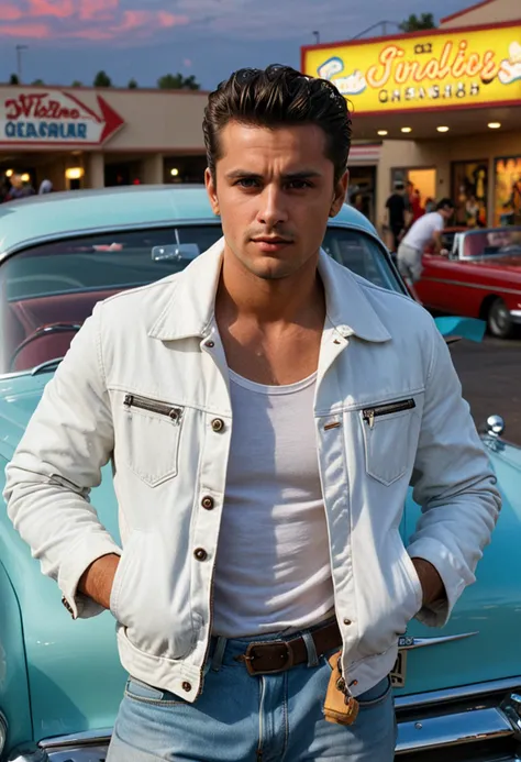 (full shot) of (daring greaser) adult man, spanish, tan skin, light Blue eyes, Average build, pompadour, wearing a white denim jacket, straight-leg jeans, converse sneakers, bandana,  set in the 1950s, in  a retro drive-in theater, with vintage cars, large outdoor screen, concession stand, and classic movie posters, during sunset,  ,Masterpiece,best quality, photo, realistic, very aesthetic, detailed face,