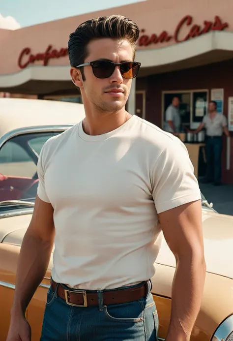 (full shot) of (confident greaser) adult man, spanish, tan skin, brown eyes, voluptuous build, quiff, wearing a brown white t-shirt, straight-leg jeans, leather boots, sunglasses,  set in the 1950s, in  a retro drive-in theater, with vintage cars, large outdoor screen, concession stand, and classic movie posters, man smiling, ,Masterpiece,best quality, photo, realistic, very aesthetic