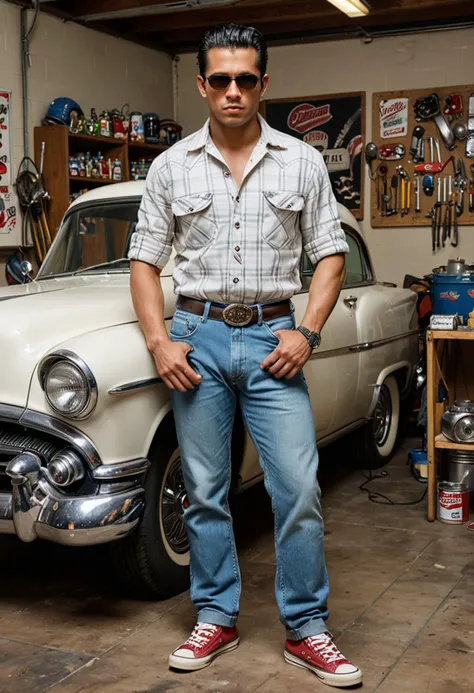 (full shot) of (tough greaser) adult man, native american, mocha skin, light brown eyes, slender build, ducktail, wearing a white plaid shirt, denim pants, converse sneakers, sunglasses,  set in the 1950s, in  a 1950s garage, with vintage cars, tool benches, oil cans, neon signs, and retro posters, at night,  ,Masterpiece,best quality, photo, realistic, very aesthetic, detailed face,