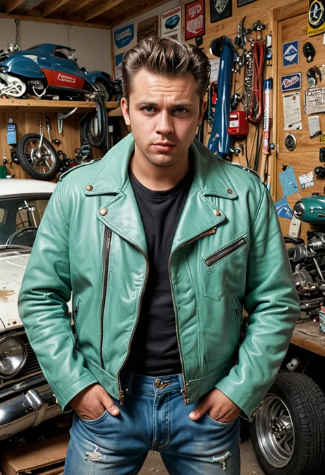 (full shot) of (edgy greaser) adult man, russian, tan skin, light green eyes, full-figured build, ducktail, wearing a blue leather jacket, denim pants, converse sneakers, cigarette pack rolled in sleeve,  set in the 1950s, in  a cluttered garage, featuring old car parts, greasy tools, vintage signs, and a nostalgic atmosphere, at night,  ,Masterpiece,best quality, photo, realistic, very aesthetic, detailed face,