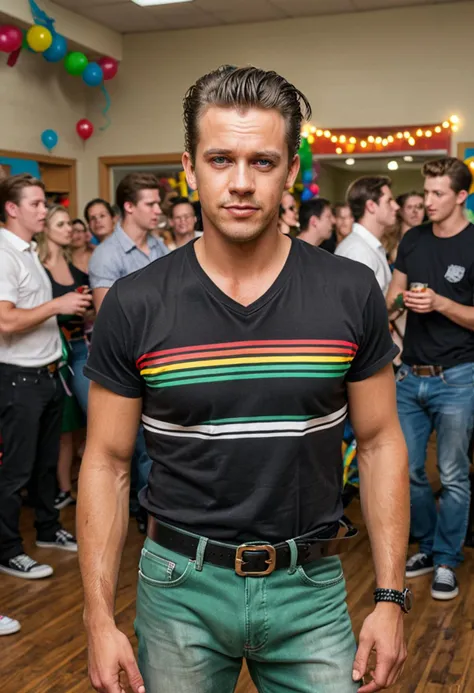 (full shot) of (edgy greaser) adult man, australian, tan skin, green eyes, Medium build, slicked back hair, wearing a black striped t-shirt, straight-leg jeans, penny loafers, bandana,  set in the 1950s, in  a lively school dance, featuring colorful streamers, a live band, punch bowls, and an energetic crowd , during sunset,  ,Masterpiece,best quality, photo, realistic, very aesthetic, detailed face,