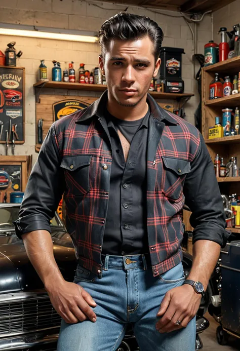 (full shot) of (stylish greaser) adult man, south african, dark skin, black eyes, busty build, ducktail, wearing a black plaid shirt, straight-leg jeans, leather boots, pocket comb,  set in the 1950s, in  a 1950s garage, with vintage cars, tool benches, oil cans, neon signs, and retro posters, during sunset,  ,Masterpiece,best quality, photo, realistic, very aesthetic, detailed face,