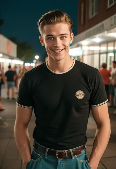 (full shot) of (slick greaser) adult man, british, fair skin, turquoise eyes, willowy build, ducktail, wearing a brown fitted black t-shirt, cuffed jeans, penny loafers, pocket comb,  set in the 1950s, in  a 1950s school dance, with a decorated gymnasium, retro bandstand, classic decorations, and students in vintage attire , at night, man smiling, ,Masterpiece,best quality, photo, realistic, very aesthetic