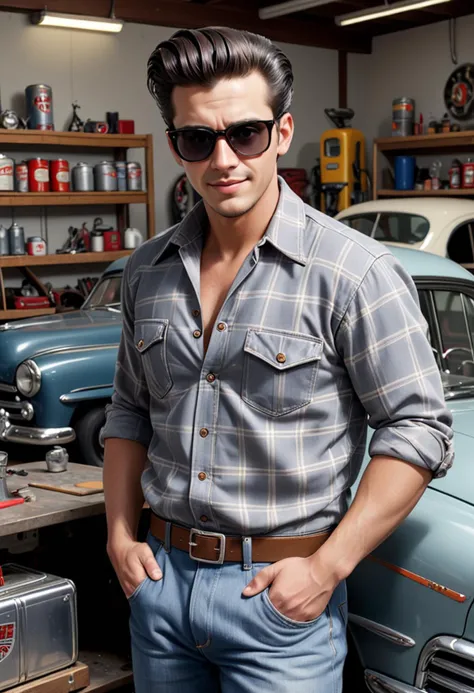 (full shot) of (slick greaser) adult man, italian, tan skin, hazel eyes, busty build, slicked back hair, wearing a grey plaid shirt, denim pants, converse sneakers, sunglasses,  set in the 1950s, in  a 1950s garage, with vintage cars, tool benches, oil cans, neon signs, and retro posters, man smiling, ,Masterpiece,best quality, photo, realistic, very aesthetic