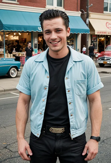 (full shot) of (rebellious greaser) adult man, canadian, light skin, light Blue eyes, Average build, ducktail, wearing a black bowling shirt, straight-leg jeans, converse sneakers, chain,  set in the 1950s, in  an energetic street corner, with groups of greasers, vintage shops, classic cars, and lively interactions, man smiling, ,Masterpiece,best quality, photo, realistic, very aesthetic, detailed face,