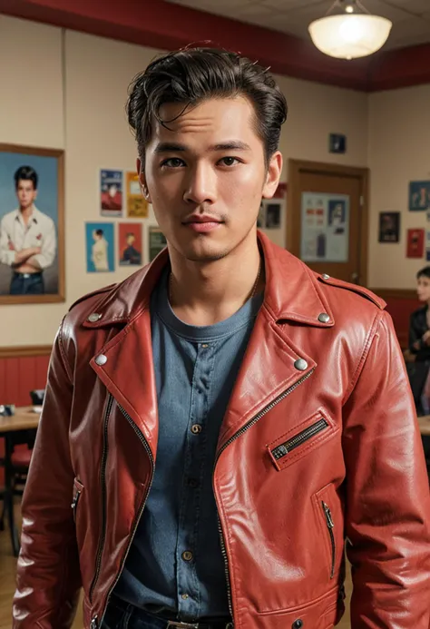 (full shot) of (confident greaser) adult man, korean, light skin, light brown eyes, willowy build, ducktail, wearing a red leather jacket, cuffed jeans, brogues, bandana,  set in the 1950s, in  a nostalgic school dance, with dim lighting, retro decorations, slow dancing, and a romantic atmosphere , during sunset,  ,Masterpiece,best quality, photo, realistic, very aesthetic, detailed face,