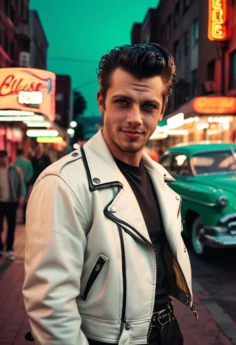 (full shot) of (stylish greaser) adult man, american, fair skin, jade green eyes, curvy build, sideburns, wearing a white leather jacket, black trousers, converse sneakers, bandana,  set in the 1950s, in  a bustling 1950s street corner, with neon lights, vintage cars, classic storefronts, and a lively atmosphere, during sunset, man smiling, ,Masterpiece,best quality, raw photo, realistic, very aesthetic